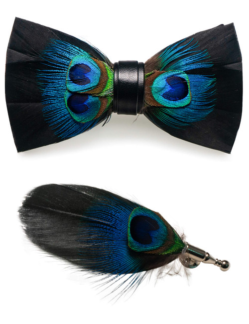 RBOCOTT Mens Handmade Feather Pre-tied Bow tie and Brooch Sets (peacock blue/black)