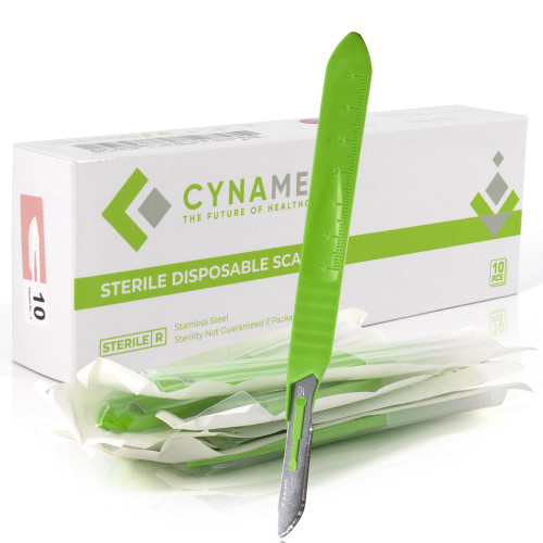 Cynamed Disposable Scalpel Blades| Sharp, Tempered Stainless-Steel Blades | Pack of 10 Sterile Scalpel Knives| Plastic Handle| Individual Pouches| for Dermaplaining, Podiatry, Crafts & More (No.10)