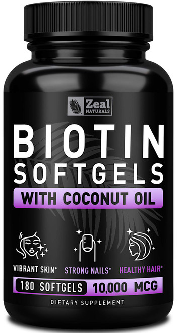 Zeal Naturals Biotin with Coconut Oil for Hair 10000mcg (180 Softgels) Supplement - Biotin Pills for Hair Skin and Nails Vitamins for Women Capsules for Men Hair Growth 6 mo Supply