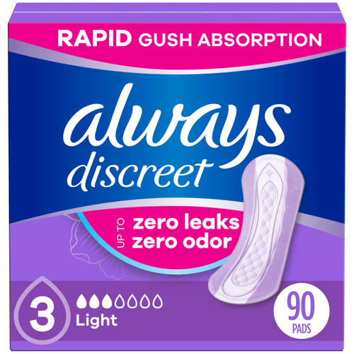 Always Discreet Adult Incontinence Pads for Women, Light Absorbency, Regular Length, Postpartum Pads, 30 Count (3 Packs of 30)