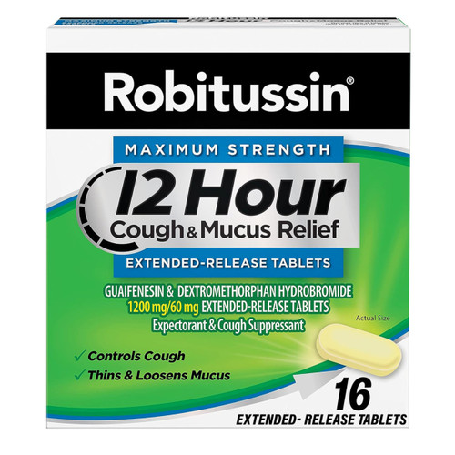Robitussin Maximum Strength 12 Hour Cough and Mucus Relief, Expectorant and Cough Suppressant, 16 Extended-Release Tablets