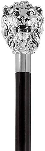 Sterling Silver Plated The King Lion Head Walking Stick with Black Beechwood Collectors Gifts
