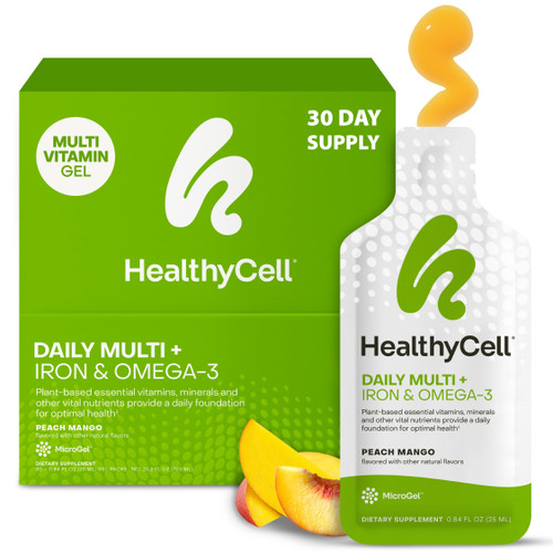 Healthycell Vegan Daily Multivitamin Liquid Supplement with Iron and Omega-3, 25+ Essential Vitamins, Minerals & Nutrients for Brain & Heart Health, Immune Support & Energy - 30 Gel Packs