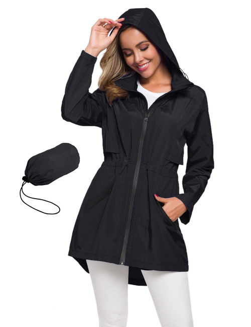 Avoogue Womens Hooded Raincoat Waterproof Jackets For Women Lightweight Rain Jackets Black L