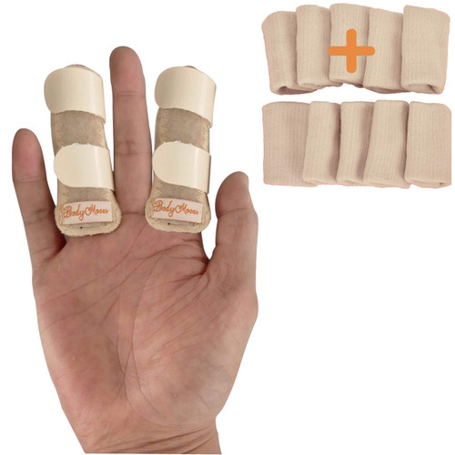 BodyMoves 2 Finger Splints plus 10 nylon sleeves for Trigger Mallet Broken Finger brace joint support for men and women- ideal for seniors (12 pc set, Desert Sand)