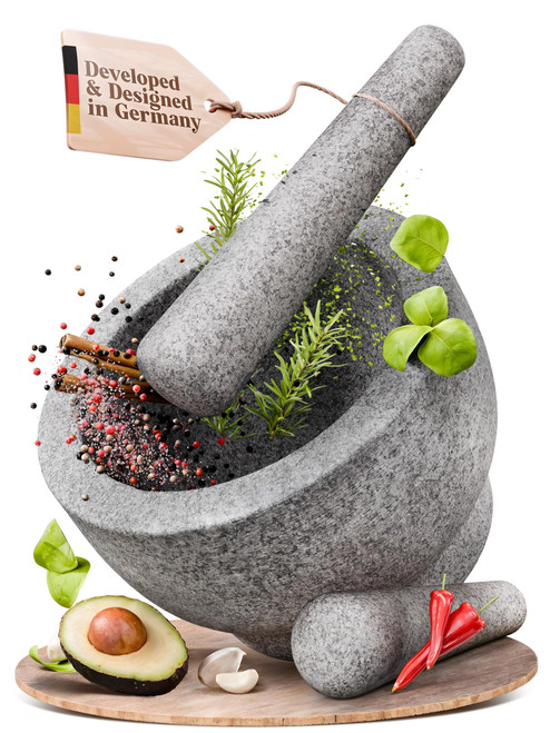 ChefSofi Extra Large 8 Inch 5 Cup-Capacity Mortar and Pestle Set - One Huge Mortar and Two Pestels: 8.5 inch and 6.5 inch - Unpolished Heavy Granite for Enhanced Performance and Organic Appearance