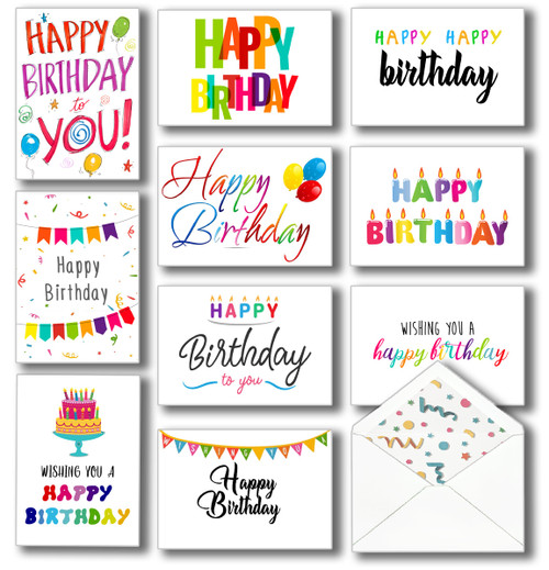 100 Happy Birthday Cards Bulk, Large 5x7 Inch Assorted, with Envelopes,Stickers and Simple Greetings Inside for Office, Business and Personal Use, 10 Designs, Thick Cardstock