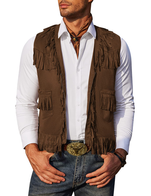 COOFANDY Men's Halloween Vest Western Cowboy Vest Casual Fringe Hippie Costume V Neck Zipper Suede Leather Waistcoat