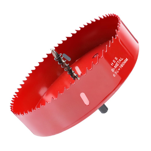 6.3 Inch / 160mm Hole Saw Red with Arbor and Pilot Drill Bit, Bi-Metal Hole Cutter for Fiberboard, Wood, Drywall, Plastic, Soft Metal Sheet, PVC Board and Cornhole Boards Drilling