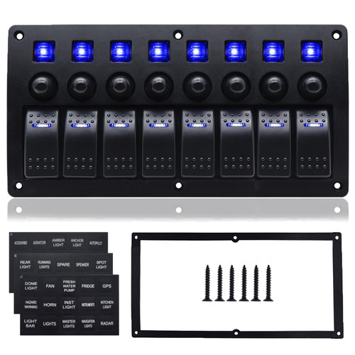 8 Gang Marine Switch Panel, Boat Rocker Switch Panel Waterproof, 12V Aluminum Switch Panel, Marine Toggle Switches ON/Off with Circuit Breaker 5A 10A 15A for Car RV Truck (Blue)-1769275961