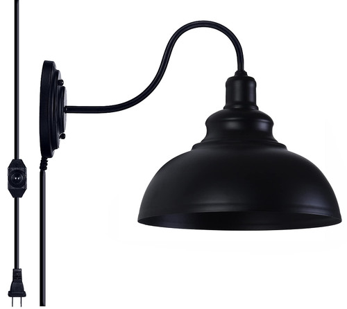 Lightess Dimmable Wall Sconce Plug in, Industrial Farmhouse Sconce with Dimmer On Off Switch, Black Barn Light Gooseneck Light Fixture, OLB11
