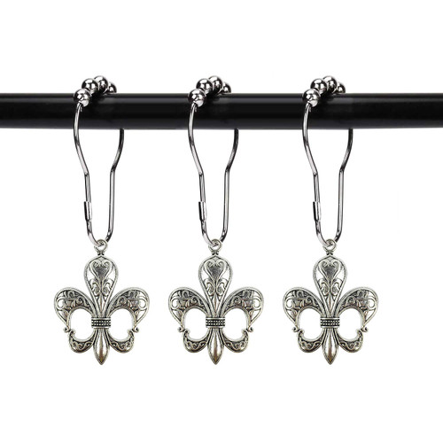 ZILucky Set of 12 Fleur De Lis Shower Curtain Hooks French Lily Royal Heraldry French Cottage Chic Historical Theme Style Decorative Home Bathroom Stainless Steel Rustproof (Silver)
