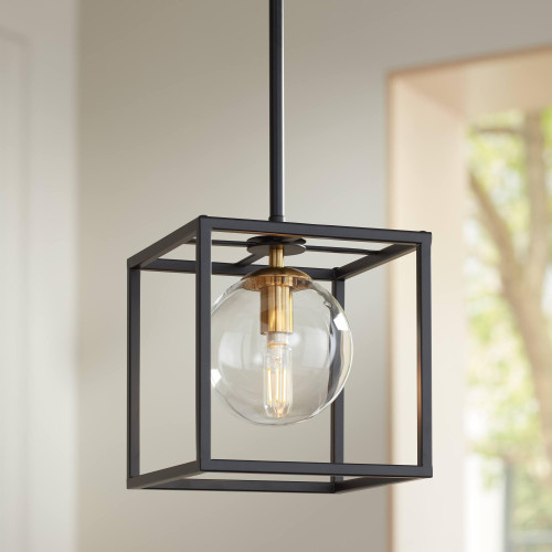 Possini Euro Design Delaney Black Burnished Brass Mini Pendant Light 8" Wide Modern Square Cage Round Clear Glass Shade Fixture Dining Room House Entryway Bedroom Kitchen Island Hallway Ceilings-1769279082