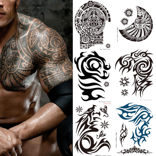 6-Sheet Large Temporary Tattoos for Men Adults Women – Waterproof Fake Tattoos with Chest Arm Shoulder Tribal Designs – Realistic Big Body Art for Parties and Cosplay