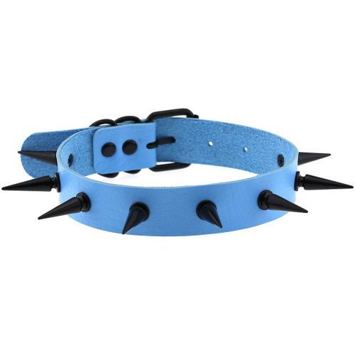 FM FM42 Blue Simulated Leather PU Black-tone Spikes Rivets Punk Rock Gothic Choker Collar Necklace PN2831