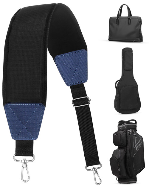 BIG TEETH Golf Bag Strap Single Padded Shoulder Strap Adjustable Thick Pad Straps Universal Replacement Quick Release (Black and blue with 2 clips)