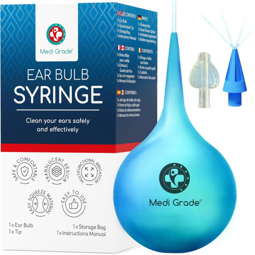 Medi Grade Ear Bulb Syringe 75ml (2.54 fl oz) – Quad Stream Ear Syringe for Ear Irrigation - Gentle Earwax Removal Tool – Bulb Syringe Ear Wax - with Travel Friendly Ear Cleaning Kit