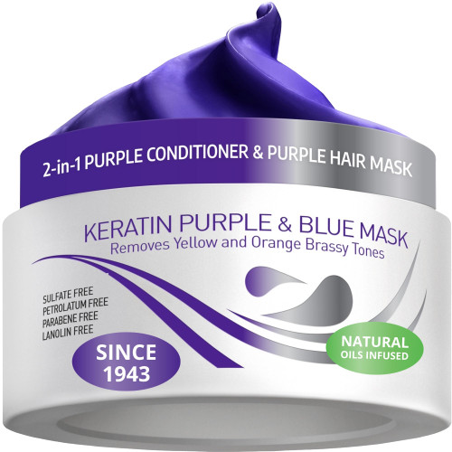 VITAMINS hair cosmetics Keratin Purple Hair Mask - Blue Hair Mask Deep Conditioner Treatment - Blonde Toner to Neutralize Brassiness in Brassy Blonde, Silver, White, Gray & Brown Locks-1769281384