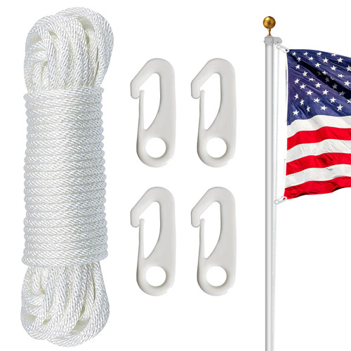 NQ Flag Pole Rope Kit - 50 Feet x 1/4" Diameter Flag Pole Halyard Nylon Rope with 4 Pieces Flag Pole Hook Clips - Outdoor Flagpole Accessories, Rope for Clothesline, Swing, Camping (50FT, White)-1769281603