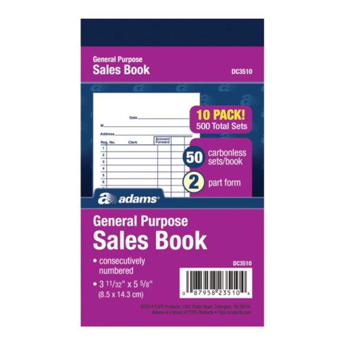 Adams General Purpose Sales Book, 2-Part, Carbonless, White/Canary, 3-11/32 x 5-5/8, 50 Sets per Book, 10 Pack (DC3510)