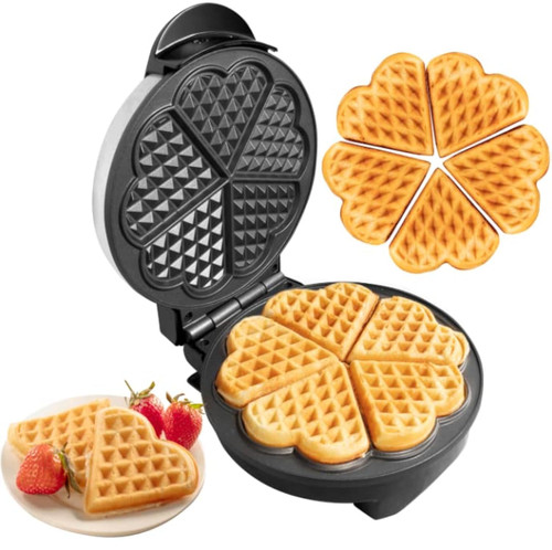 Valentine's Day Heart Waffle Maker- Make 5 Heart Shaped Waffles, Special Loved Ones Breakfast- Nonstick Baker w Easy Cleanup, Electric Waffler Griddle Iron Adjustable Temperature Control- Gift for Her