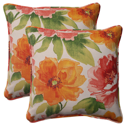Pillow Perfect Bright Floral Indoor/Outdoor Accent Throw Pillow, Plush Fill, Weather, and Fade Resistant, Large Throw - 18.5" x 18.5", Green/Orange Muree, 2 Count