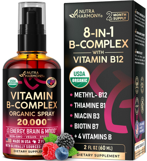 USDA Organic Vitamin B-Complex Liquid Spray 8-in-1 - B5 Pantothenic Acid | B12 Methylcobalamin | B1 Thiamine | B6 Pyridoxine | B7 Biotin | B9 Folic | B3 Niacinamide - Made in USA Supplement, 2fl oz