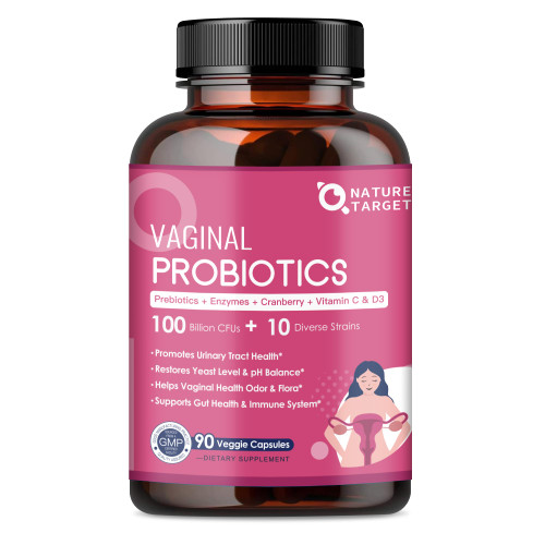 NATURE TARGET Vaginal Womens Probiotics, 100 Billion CFUs Probiotics & Prebiotics with Digestive Enzymes, Cranberry & D-Mannose - Supports pH Balance, Odor & Urinary Tract Health - 90 Capsules