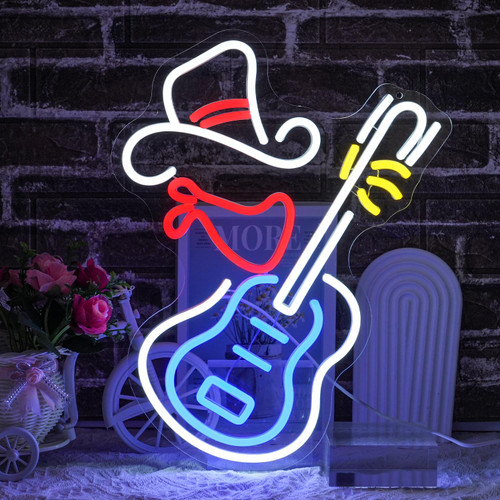 LULANMP Cowboy Hat Neon Sign for Wall Decor Guitar Neon Light Beer Bar Sign Music Neon Signs LED Sign Neon Lights for Wall Art LED Neon for Home Bar Pub Shop Party Bar Led Sign(16.5"*12.9")