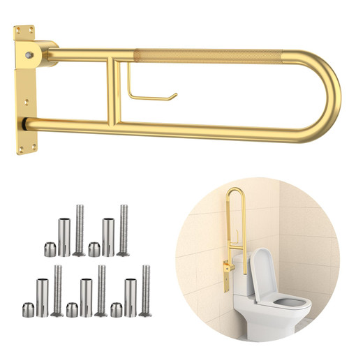 Toilet Grab Bar 30.3 Inch, YuanDe Flip Up Grab Bar with Paper Holder, Brushed Gold Anti-Slip Safety Bars for Toilet, Stainless Steel Knurled Toilet Handles for Seniors Disabled Elderly Pregnant