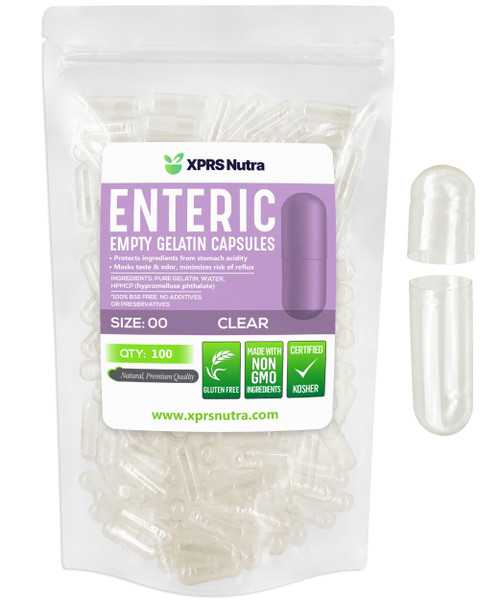 XPRS Nutra Size 00 Empty Capsules - 100 Count Clear Enteric Coated Empty Gelatin Capsules - Delayed Release Pills - DIY Capsule Filling - Pure Bovine Empty Enteric Gel Caps