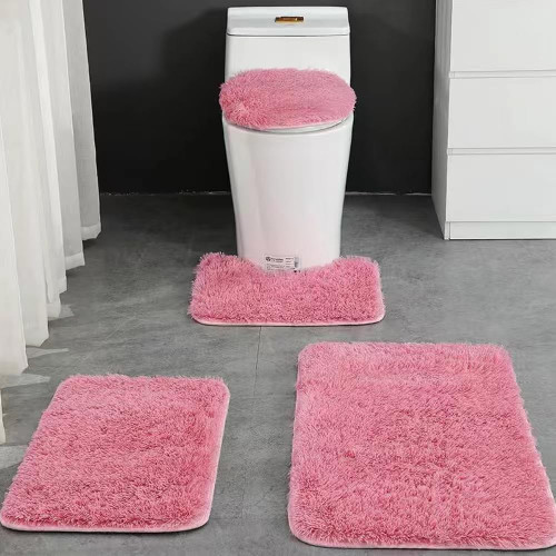 Huniupore 4 Piece Non Slip, Toilet Lid Cover and Contour Mat, Bath Mats Shower Mats Bath Rug Mat for Tub Toilet Bathroom (Pink)