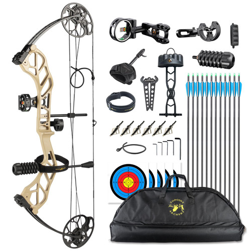 TOPOINT ARCHERY Starting Hunting Compound Bow Package for Beginner & Intermediate Archers Archery Equipment with All Accessories Kit DW:19-70LB, DL:19-30", IBO:320fps (Starting 31 Cream Color)