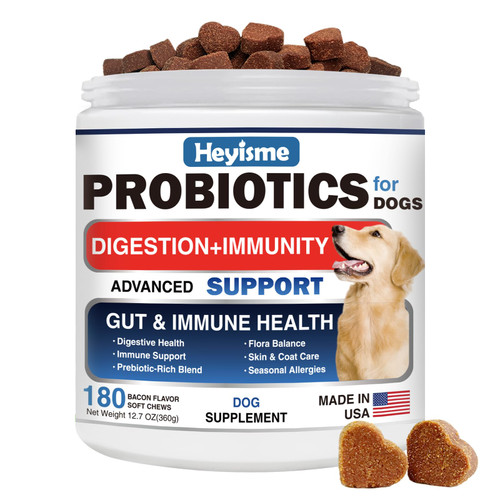 HEYISME Probiotics for Dogs, Improve Yeast Balance, Itchy Skin Itchy Ears, Gut Health, Allergies, Immunity, Dog Probiotics and Digestive Enzymes with Prebiotics - Reduce Diarrhea (180 Chews, Bacon)