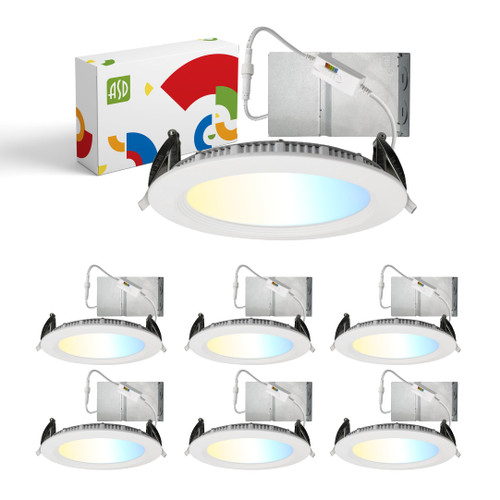 ASD LED Recessed Lighting 6 Inch, Round Commercial Downlight, Mini Panel with Baffle Trim, 6" 15W 120-277V CCT Selectable 2700/3000/3500/4000/5000K, Dimmable Ceiling Light Fixture, White, ETL, 6 Pack