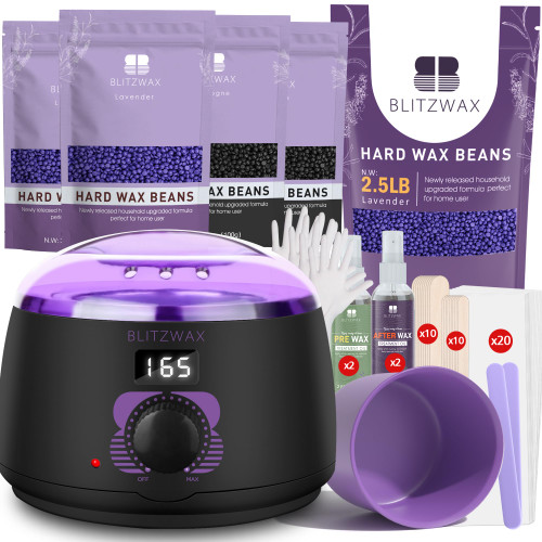 BLITZWAX Brazilian and Bikini Waxing Kit With 2.5lb Lavender Wax Beads, Hard Wax Warmer for Face, Legs and Body, At Home Hair Removal Kit, Beginner Friendly, Digital Fast Heating, 56 Wax Items