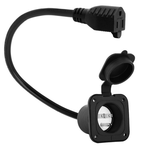 DEALTUS Household 15AMP 125V Flanged Power Inlet with Waterproof Cover, Nema 5-15P Male Flanged Inlet to 5-15R Female Extension Cord for RV EV, 1.8 Feet (55CM) ETL Verified