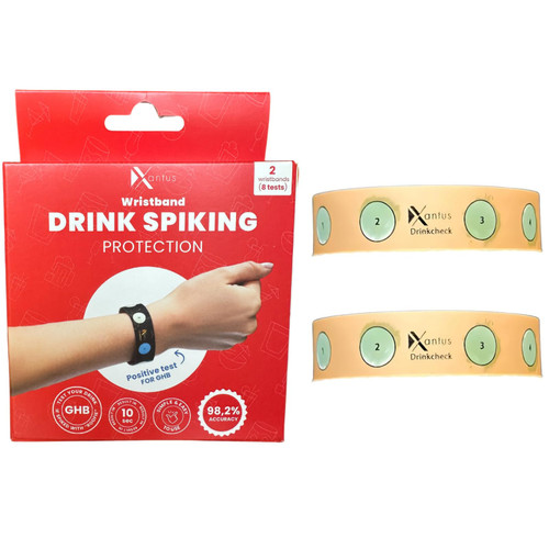 Drink Check Wristband Roofie Test by Xantus | Spiked Drink Bracelet Tester Detects GHB Within 10 Seconds Test Your Drink | Spiking Protection Detector Made in USA | (2 Beige Wristbands 8 Tests)