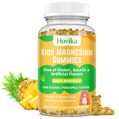 Hovika Magnesium Glycinate Gummies for Kids & Adults - Vitamin B6 & D3 - Great Tasting Kids Magnesium Calm Gummies for Promotes Sleep, Energy and Calm, Vegan Pineapple Flavor 60 Count