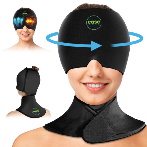 Ease Essence Migraine Relief Cap & Neck Ice Pack Wrap Set - Soothing Headache Relief Cap and Shoulder Cold Pack - Hot and Cold Compress Products for Head and Cervical - Stress, Hangover & Puffy Eyes