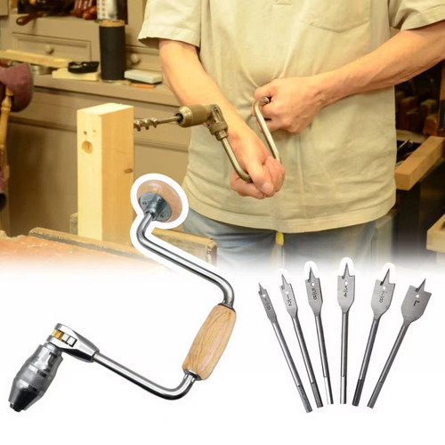 Carpenters Bit Brace Hand Crank Drill with 12-Inch Swing Arm, Comfortable Non-Slip Handle, Ideal for Woodworking, Easy to Use Hand Tool (Wooden Handle+6 Drill Bits)