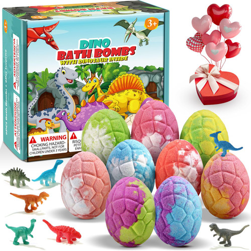 Qivatex Bath Bombs for Kids with Dinosaur Toys Inside, Valentines Day Gifts for Kids, Easter Basket Stuffers, 9 Pack Natural Organic Dinosaur Bath Bombs Bubble Bath Gift Set, Birthday Gifts for Kid