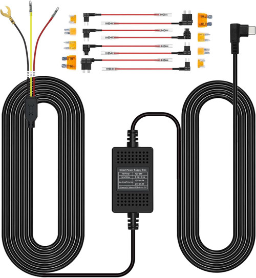 Hardwire Kit for K600 Dash Cam Front and Rear 4k+1080P,12ft Type C,Input12V/24V,Output 5V/2.5A.Dash Cam Hardwire Kit with Add A Circuit Fuses,Supports 24-Hour Parking Monitoring for Car DashCam