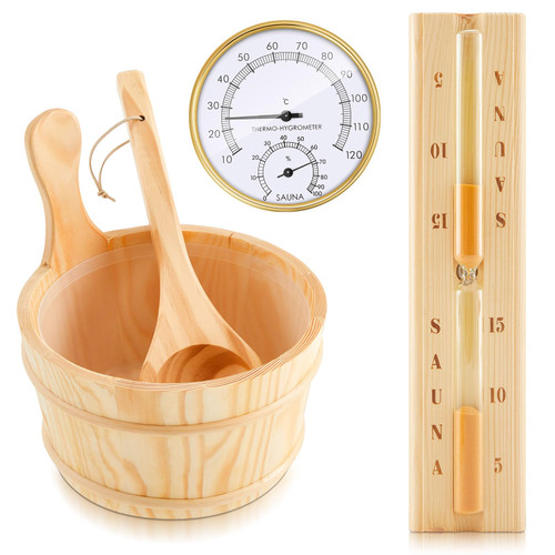 4 Pcs Sauna Accessories Set Include Wooden Sauna Bucket (With Plastic Liner) with Ladle 2 in 1 Thermometer Hygrometer Hourglass Timer Kit for Steam Room Bathroom, 4L (1 Gallon) Water Capacity