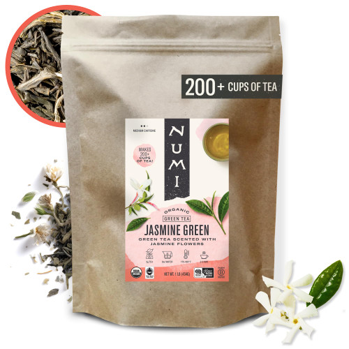 Numi Organic Jasmine Green Tea, 16 Ounce Pouch, Loose Leaf Floral Green Tea, Brews 200 Cups, Caffeinated (Packaging May Vary) Numi Organic Jasmine Green Tea, 16 Ounce Pouch, Loose Leaf Floral Green Tea, Brews 200 Cups, Caffeinated (Packaging May Vary)