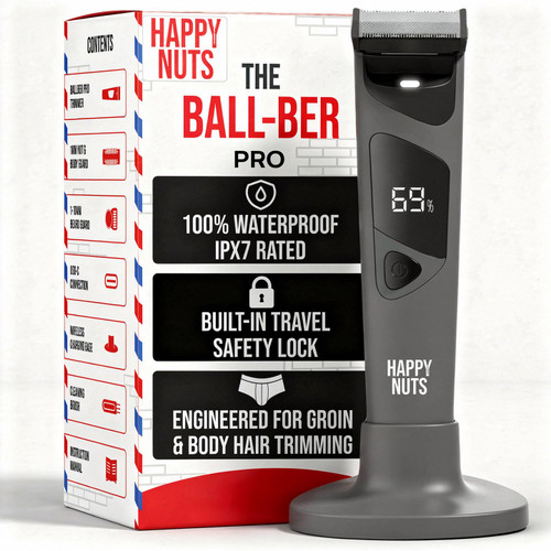 HAPPY NUTS The Ballber Pro Electric Groin & Body Hair Trimmer for Men - Mens Body Groomer Kit for Privates - Waterproof Shaver for Hard to Reach Areas