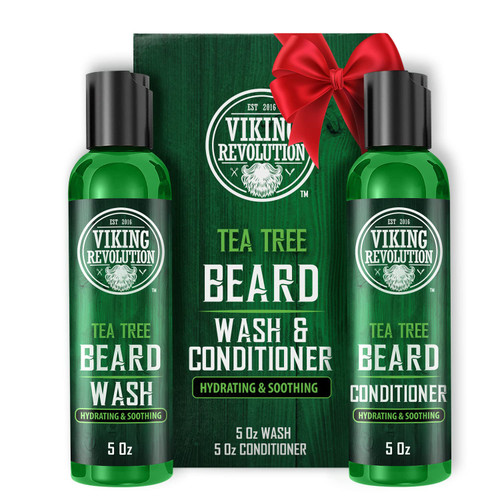 Viking Revolution Tea Tree Beard Wash and Conditioner Set for Men - Natural Beard Softener with Argan Oil, Vitamin E and Ginseng (5 Oz)