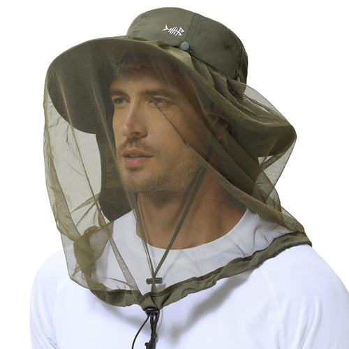 BASSDASH UPF 50+ Mosquito Sun Hat with Hidden Head Net and Neck Flap for Men Women Outdoor Fishing Hiking Camping FH16 Army Green