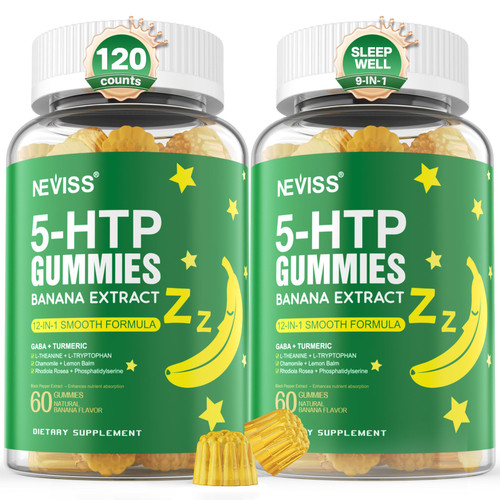 5-HTP Gummies + GABA - Melatonin Free - Relaxation Gummies with Banana Extract, L-Theanine,L-Tryptophan, Vitamin D3 for Healthy Rest Cycle & Circadian Rhythm, Brain Function & Muscle Relax, Pack of 2