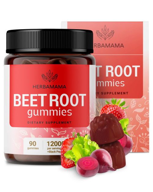 HERBAMAMA Beet Root Gummies - 12000mg Red Beets with Black Pepper Extract for Overall Support - Vegan, Non-GMO Antioxidant Supplement - 90 Pectin-Based Strawberry-Flavored Chews